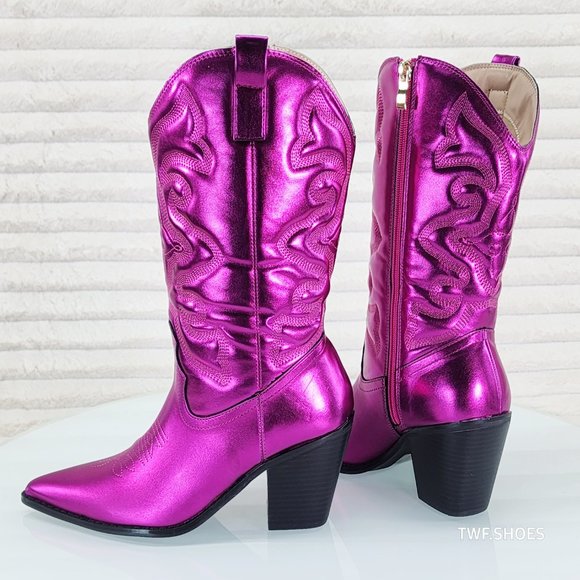 Electric Mid Calf Cowboy Hot Pink Brush Metallic Matte Western Cowgirl Boots - Picture 4 of 8